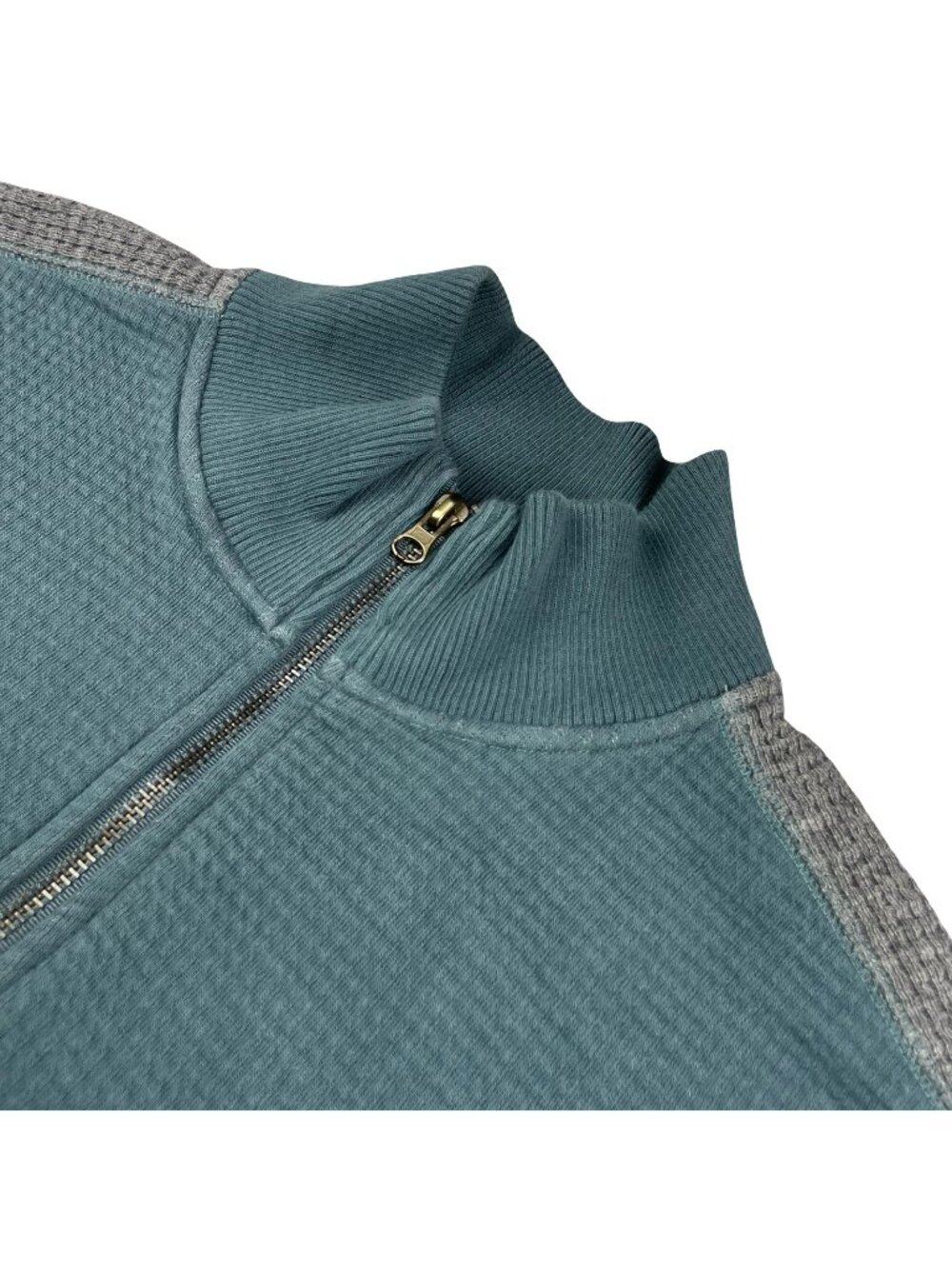 Vince Men’s 100% Cotton Thermal Waffle-Knit 1/4 Zip Pullover Teal/Gray • Medium